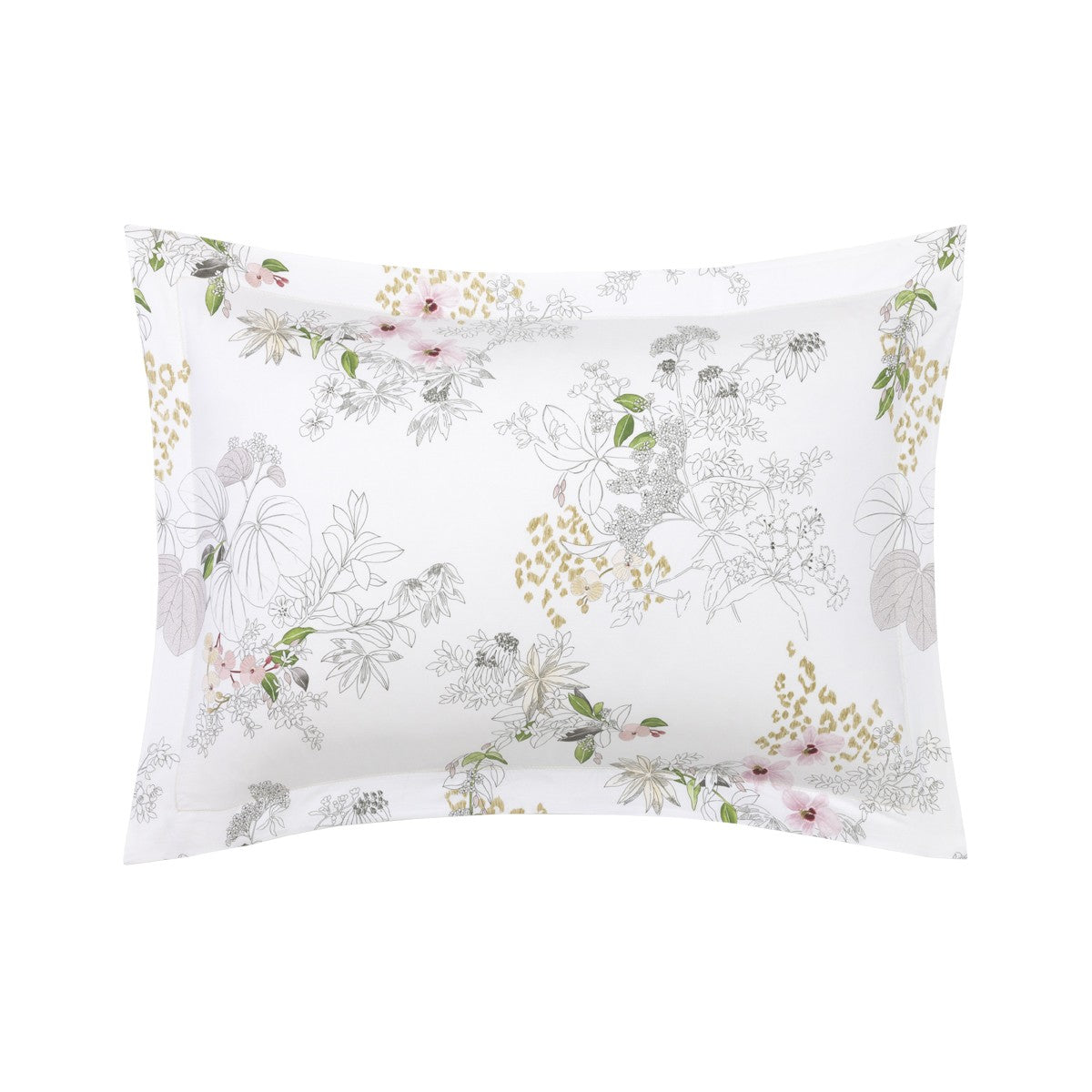 The Orchidee Bedding Collection by Yves Delorme features a white pillowcase with a light gray, green, and pale pink floral pattern on organic cotton sateen—an elegant addition to your French bed set.