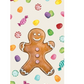A gingerbread man cookie surrounded by colorful candies and peppermint swirls on a cream background from the Gingerbread Partyware Collection, perfect as festive table accents.