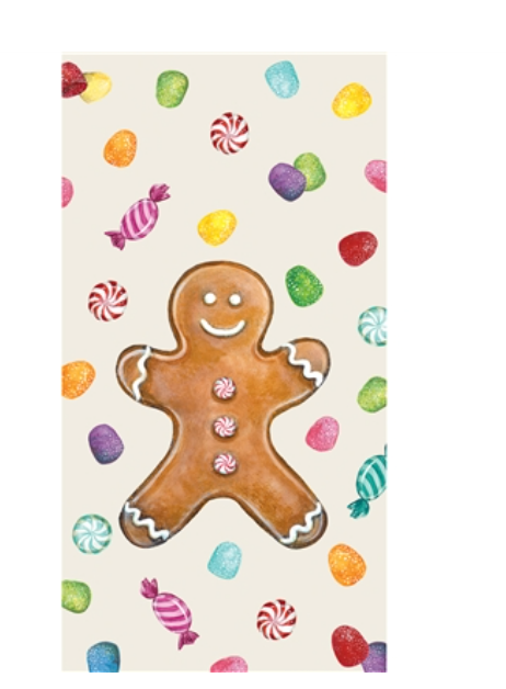 A gingerbread man cookie surrounded by colorful candies and peppermint swirls on a cream background from the Gingerbread Partyware Collection, perfect as festive table accents.