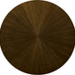 The Beatrice Cocktail Table by Hickory Chair features a circular wooden top with a dark walnut sunburst pattern, making it an elegant centerpiece for any living room.