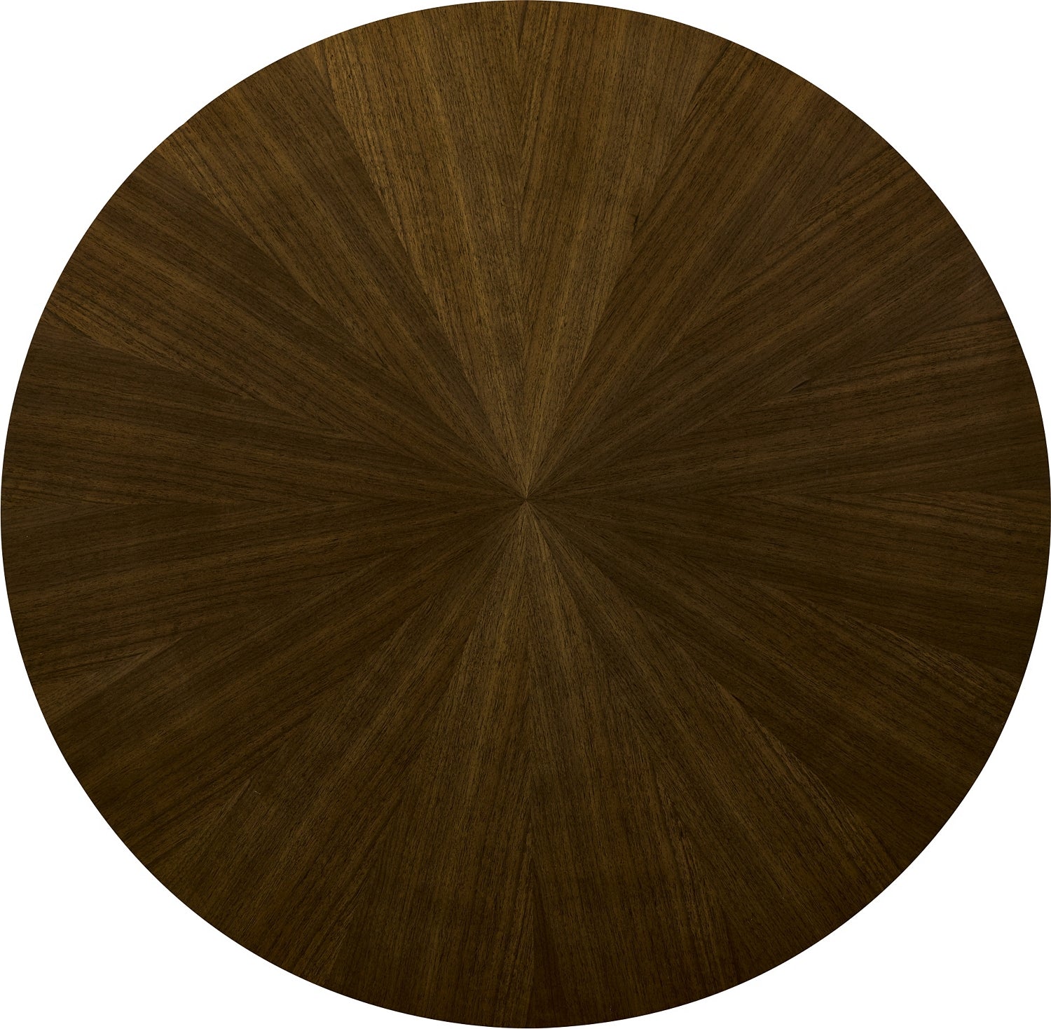 The Beatrice Cocktail Table by Hickory Chair features a circular wooden top with a dark walnut sunburst pattern, making it an elegant centerpiece for any living room.