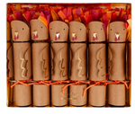 A box of six Meri Meri Turkey Party Crackers, each shaped like a turkey with orange, red, and yellow paper feathers and arranged in a single row—perfect party favors to bring festive charm to your Thanksgiving table.