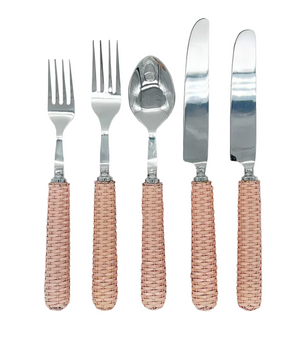 The Duggan Society Rattan Pink 5 Piece Flatware Set, featuring two forks, one spoon, and two knives with antique pink woven handles, is neatly arranged in a row against a white background.