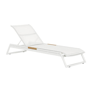The HARBOUR OUTDOOR Breeze Stacking Sun Lounge features a minimalist metal frame, all-weather Batyline sling, teak accents, and a gently reclined backrest for outdoor relaxation.