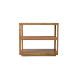 Rectangular Orca Side Table by Julian Chichester with three open shelves, featuring an antiqued rattan shelf, viewed from the front against a plain white background.
