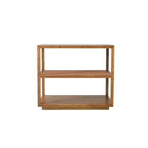 Rectangular Orca Side Table by Julian Chichester with three open shelves, featuring an antiqued rattan shelf, viewed from the front against a plain white background.