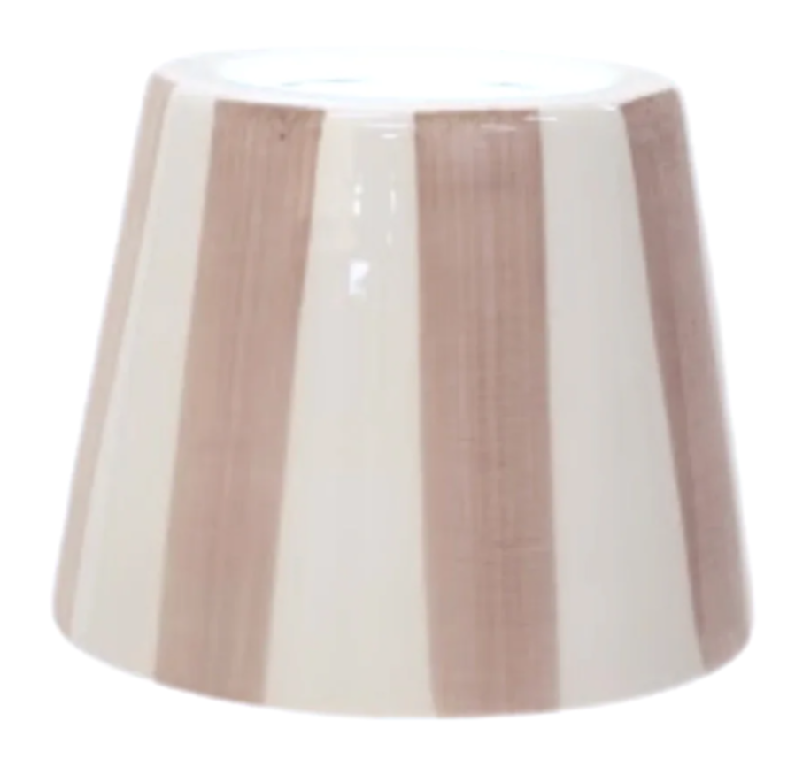 The Poldina Lido Shade Collection by Zafferano America features handmade ceramic shades with a flared shape and vertical beige and white stripes, designed to complement your Poldina Pro lamp.