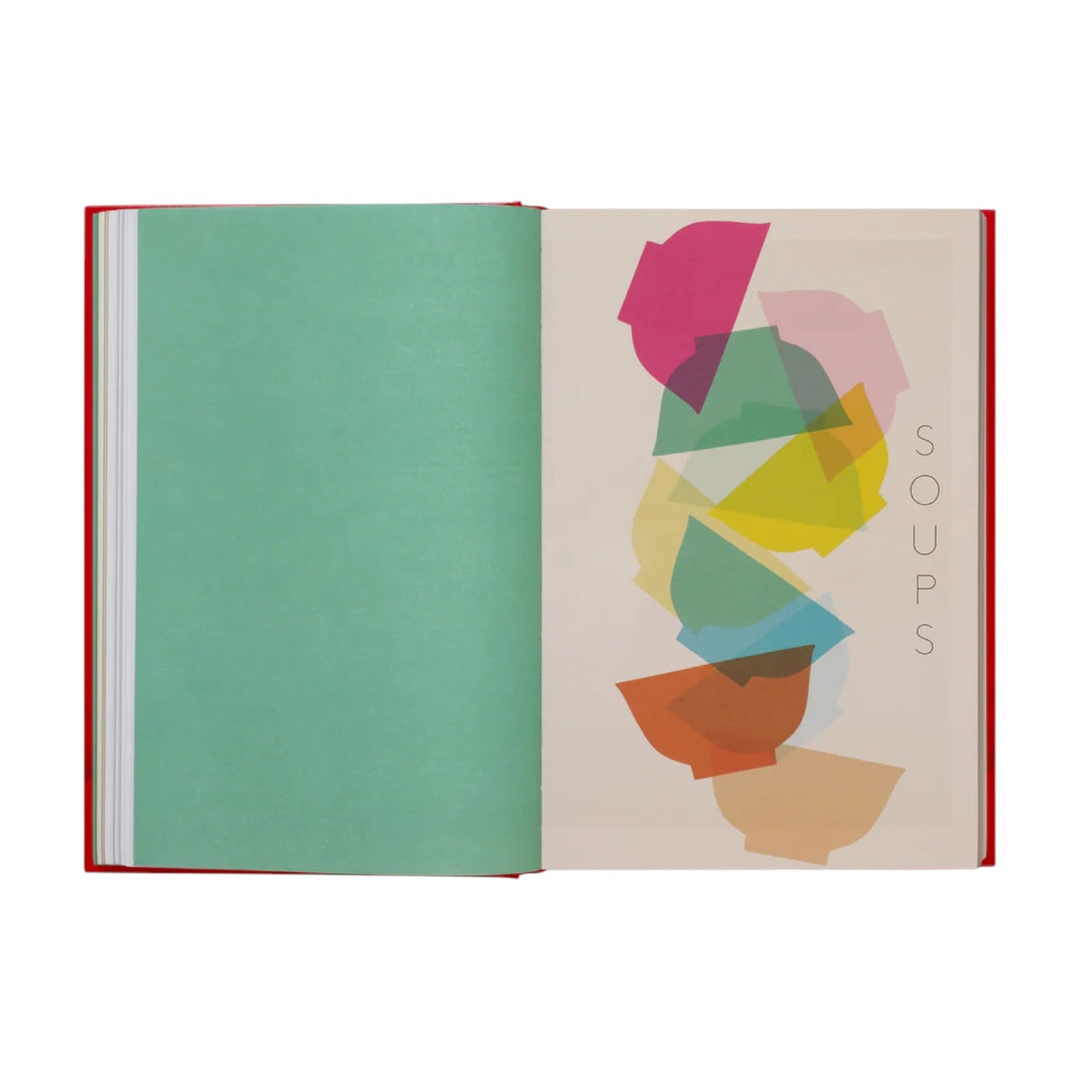 An open book from Phaidon’s "China: The Cookbook" shows a green left page and a right page with vibrant bowl shapes and "SOUPS" in vertical text, reflecting its focus on authentic Chinese recipes.