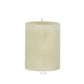 A smooth, unlit ivory candle from Perin Mowen’s Solid Pillar Candle Collection stands upright with a visible wick; its hand-rolled finish and labeled 3" x 4" dimensions emphasize timeless elegance.