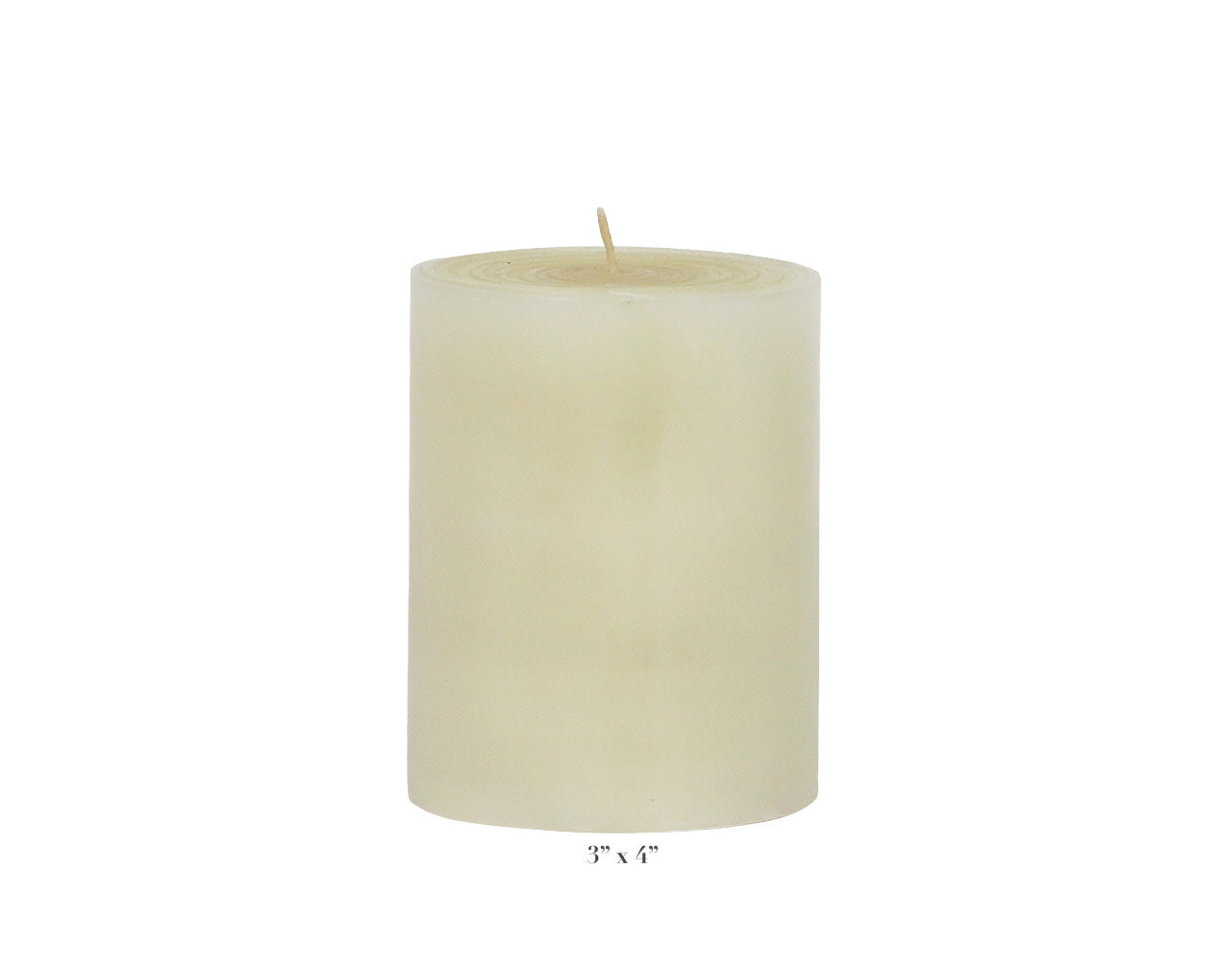 A smooth, unlit ivory candle from Perin Mowen’s Solid Pillar Candle Collection stands upright with a visible wick; its hand-rolled finish and labeled 3" x 4" dimensions emphasize timeless elegance.