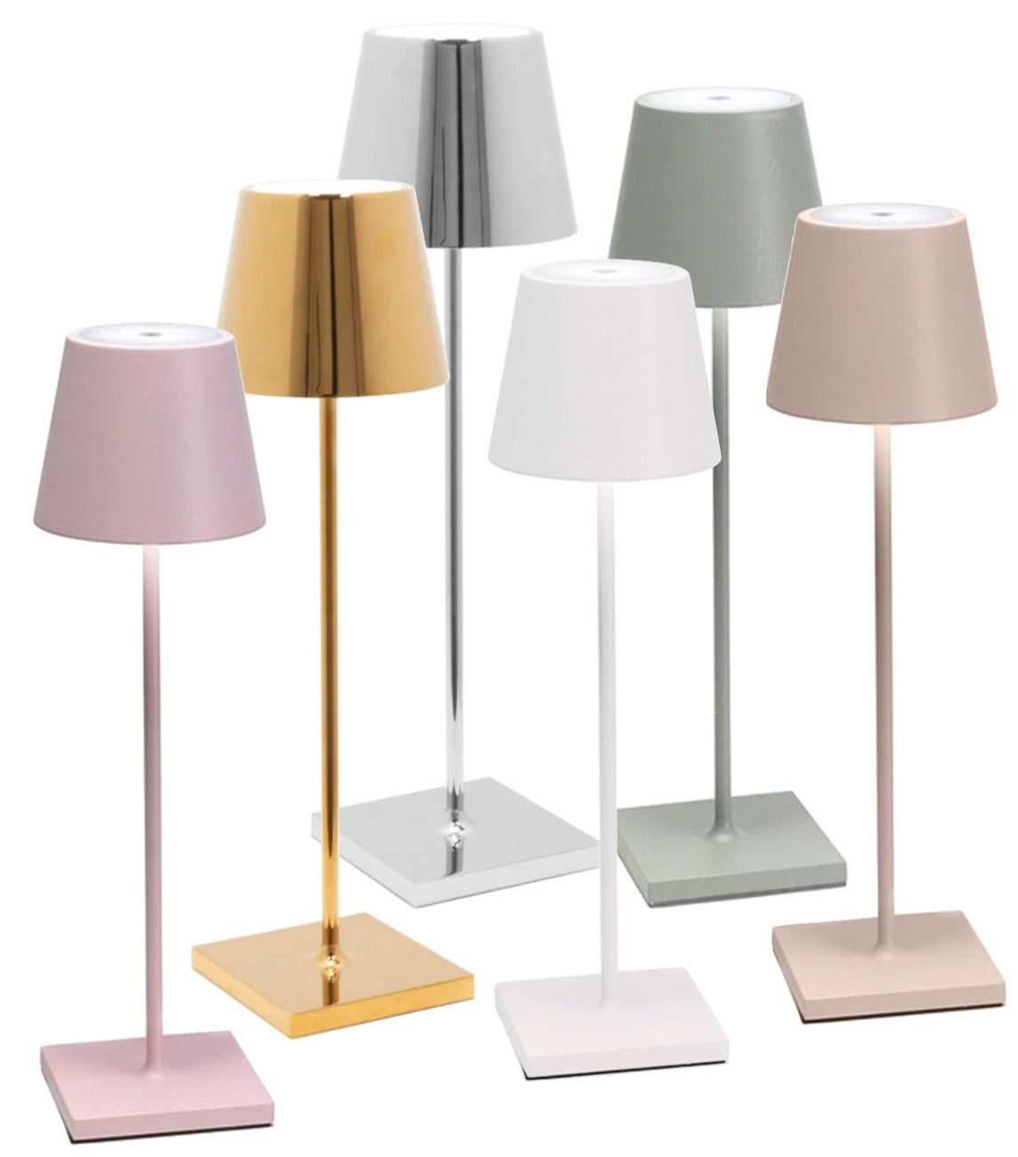 The Poldina Pro Lamp Collection by Zafferano America features six modern cordless lamps with slim square bases and conical shades in pastel and metallic pink, gold, silver, green, white, and beige—perfect for stylish illumination anywhere.