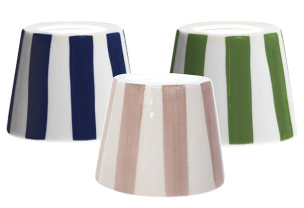 Three Zafferano Poldina Lido Shade Collection lampshades with vertical stripes in blue, pink, and green are arranged together against a white background, highlighting their unique charm reminiscent of the Poldina Pro design by Zafferano America.