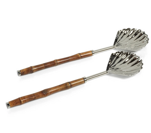 The Colony Bamboo and Nickel Serving Sets by Zodax feature two stylish serving utensils with leaf-shaped nickel scoops and bamboo handles, displayed side by side on a white background—perfect for modern table settings.