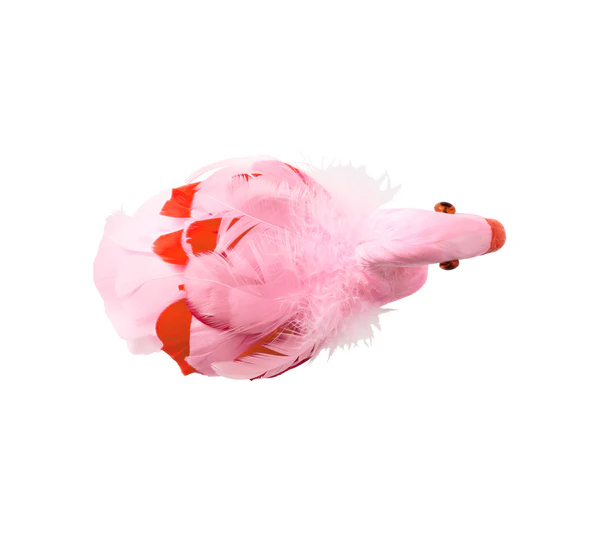 The Kim Seybert Aruba Napkin Ring in Blush features pink feathers with red accents and beady eyes, resembling a flamingo—perfect for retro dining decor. Shown from above on a white background.
