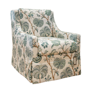 The Chatham Swivel Chair by Hickory Chair features a botanical print in green and beige, echoing the elegance of a classic English club chair with its skirted base and gently curved arms—bringing timeless style to any West Palm Beach-inspired interior.