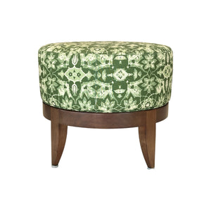 The Auburn Small Stool by Hickory Chair features green and white floral upholstery, wooden legs, and a modern round design, providing versatile seating. Shown against a white background.