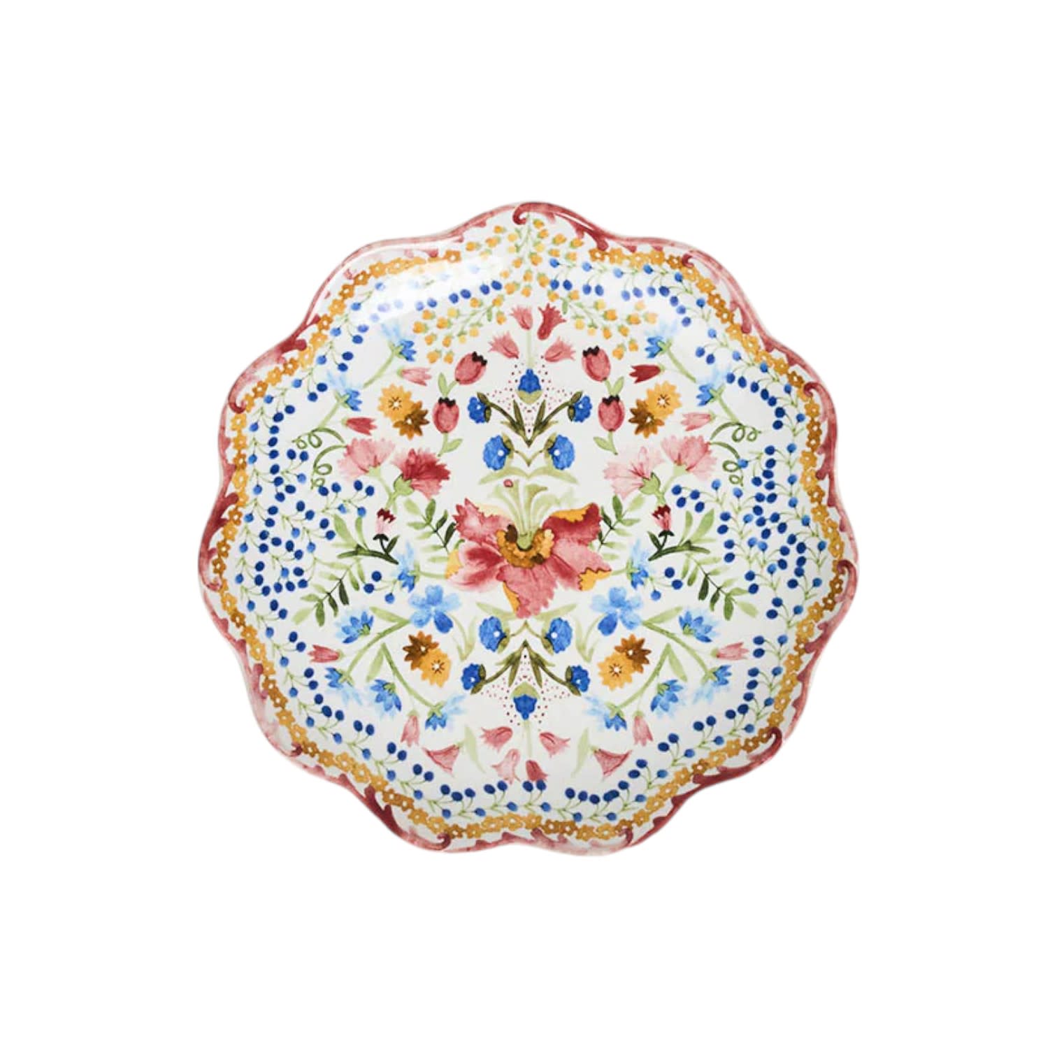 The Sofia Serveware Collection by Juliska features a round ceramic plate with a romantic ruffled edge and vibrant red, blue, yellow, and green floral motifs on a white background.
