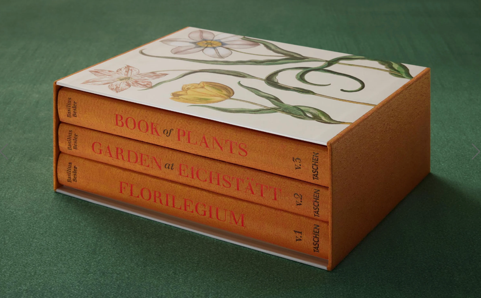 A set of three orange hardcover books by Taschen, titled "Book of Plants," "Garden at Eichstätt," and "Florilegium," showcasing botanical art from the Basilius Besler Hortus Eystettensis facsimile edition.