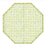 The Trellis Green Die Cut Placemat by Caspari is an octagonal woven mat made of green bamboo strips with red corner bindings, ideal for adding a unique touch to your tabletop décor.