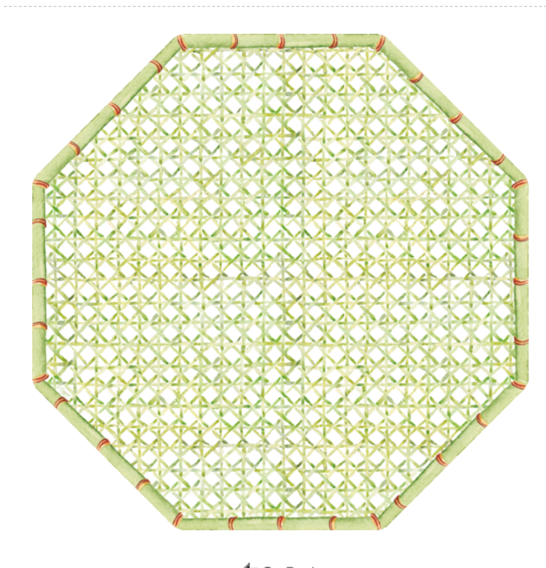 The Trellis Green Die Cut Placemat by Caspari is an octagonal woven mat made of green bamboo strips with red corner bindings, ideal for adding a unique touch to your tabletop décor.