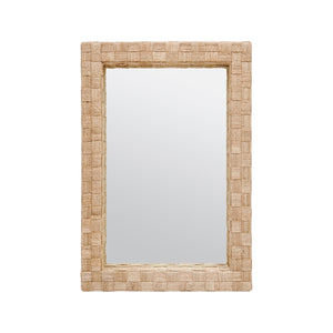The Made Goods Gene Basket Weave Abaca Mirror showcases a rectangular woven frame with a textured beige abaca fiber design, set against a plain white background.