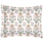 The John Robshaw Hina Sham is a rectangular pillowcase with a symmetrical floral pattern in pastel green, pink, and yellow on a light background, made from organic cotton with a smooth 200 thread count.