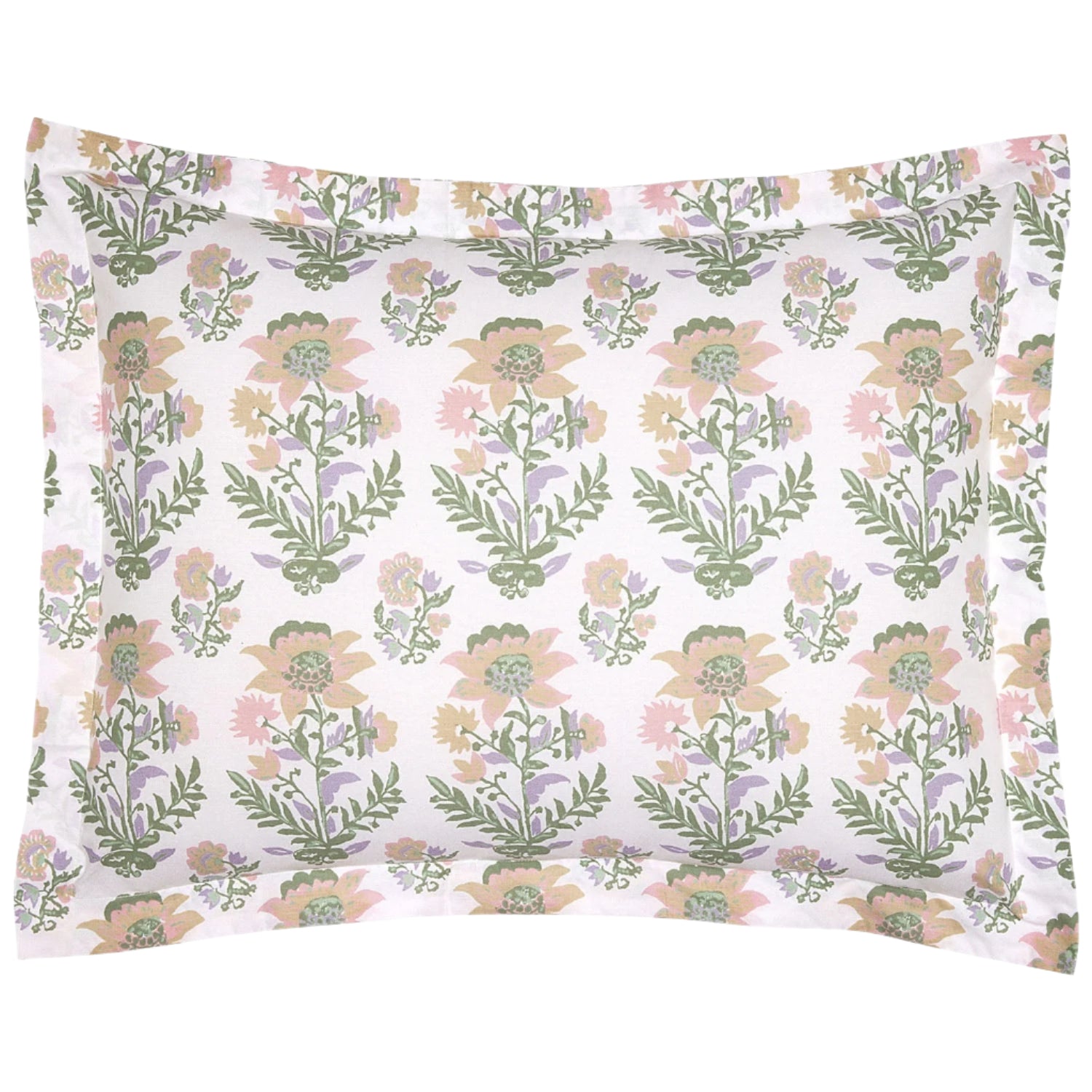 The John Robshaw Hina Sham is a rectangular pillowcase with a symmetrical floral pattern in pastel green, pink, and yellow on a light background, made from organic cotton with a smooth 200 thread count.