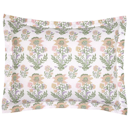 The John Robshaw Hina Sham is a rectangular pillowcase with a symmetrical floral pattern in pastel green, pink, and yellow on a light background, made from organic cotton with a smooth 200 thread count.