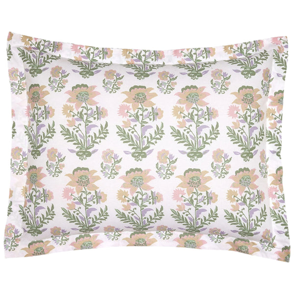 The John Robshaw Hina Sham showcases a block-printed design of green and pink flowers on a white background, crafted from luxurious organic cotton for an eco-friendly touch.