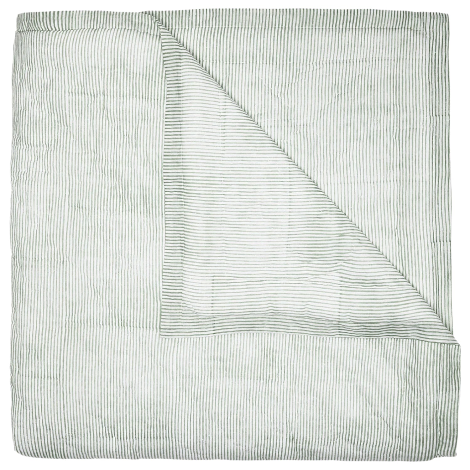 The John Robshaw Nandi Sage Coverlet is a hand-quilted, light green cotton voile coverlet with thin white and green stripes, shown folded with one corner turned over to display the underside.