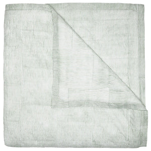 The John Robshaw Nandi Sage Coverlet is a hand-quilted, light green cotton voile coverlet with thin white and green stripes, shown folded with one corner turned over to display the underside.