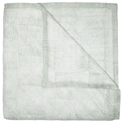 The John Robshaw Nandi Sage Coverlet is a hand-quilted, light green cotton voile coverlet with thin white and green stripes, shown folded with one corner turned over to display the underside.