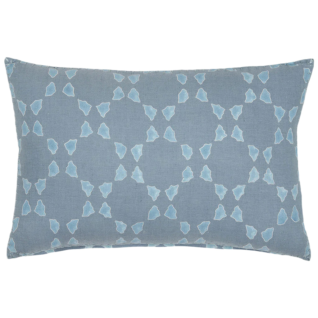 The Lata Mist Kidney Pillow by John Robshaw features a rectangular blue design with small, light blue abstract shapes block printed and evenly arranged on organic fabric.