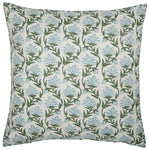 The Kashvi Mist Decorative Pillow by John Robshaw features a white background hand block printed with green leaves and light blue flowering vines—a stylish accent to elevate your home decor.