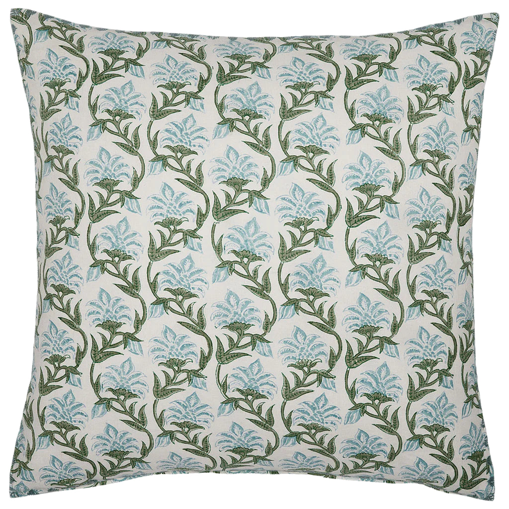 The Kashvi Mist Decorative Pillow by John Robshaw features a white background hand block printed with green leaves and light blue flowering vines—a stylish accent to elevate your home decor.