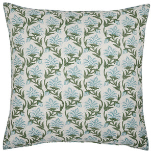 The Kashvi Mist Decorative Pillow by John Robshaw features a white background hand block printed with green leaves and light blue flowering vines—a stylish accent to elevate your home decor.