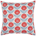 The Kaavia Coral Decorative Pillow by John Robshaw features a Jaipur-inspired red floral block print with blue leaves on white linen-cotton blend, arranged in evenly spaced vertical rows.