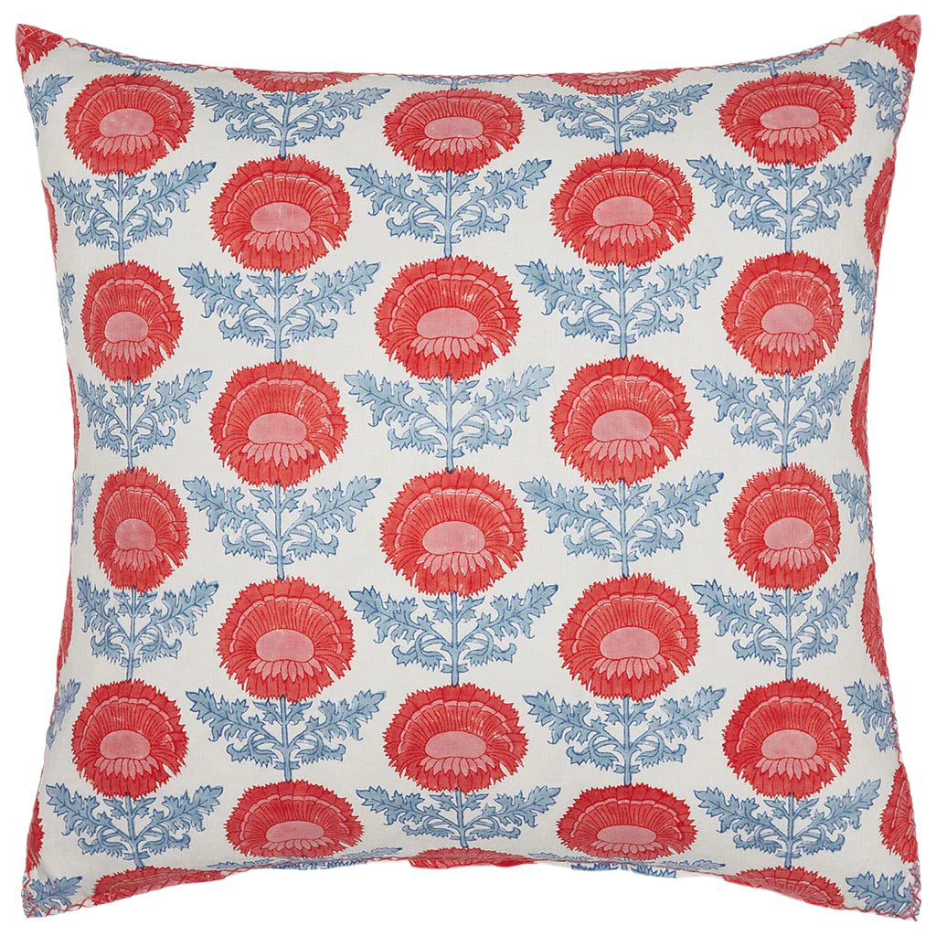 The Kaavia Coral Decorative Pillow by John Robshaw features a Jaipur-inspired red floral block print with blue leaves on white linen-cotton blend, arranged in evenly spaced vertical rows.