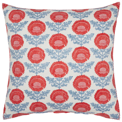 The Kaavia Coral Decorative Pillow by John Robshaw features a Jaipur-inspired red floral block print with blue leaves on white linen-cotton blend, arranged in evenly spaced vertical rows.