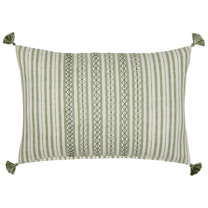 The John Robshaw Bhuv Sage Kidney Pillow features green vertical embroidery, a central geometric design, and green tassels at each corner.