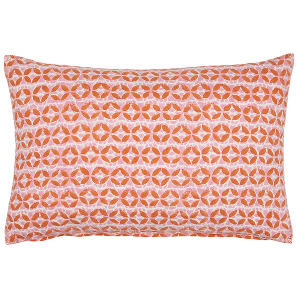 The John Robshaw Ambar Kidney Pillow, created by John Robshaw, is a rectangular lumbar pillow showcasing an orange and white geometric pattern with circular shapes, made from a linen cotton blend.