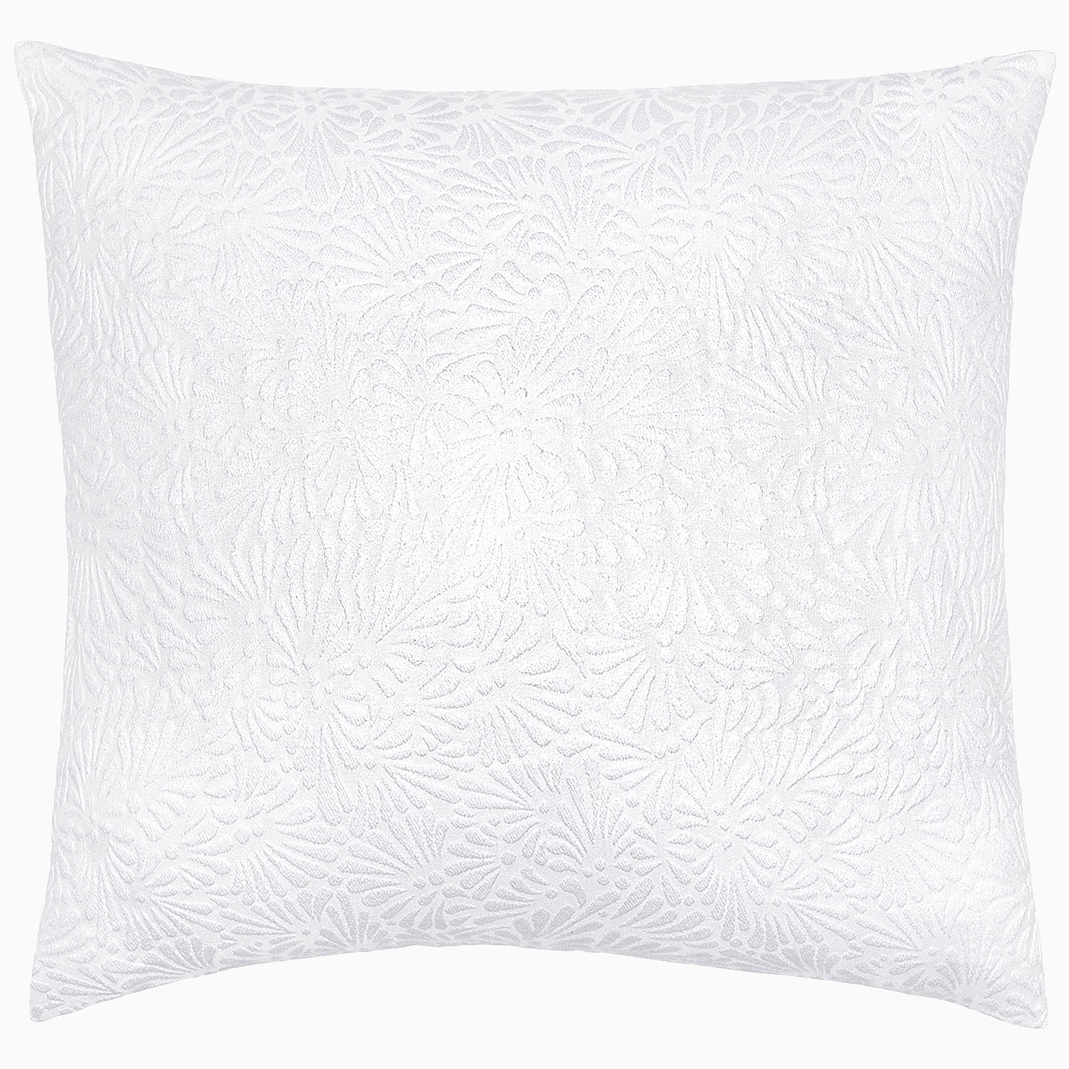 Square white decorative pillow from the Meera Bedding Collection by John Robshaw, featuring a subtle, textured floral or leaf pattern inspired by Portuguese textile traditions and artisanal craftsmanship for an elegant touch.