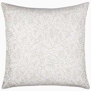 The Meera Sand decorative pillow by John Robshaw features a white and beige floral pattern, perfect for pairing with the elegant Meera Sand Bedding Collection or a woven coverlet.