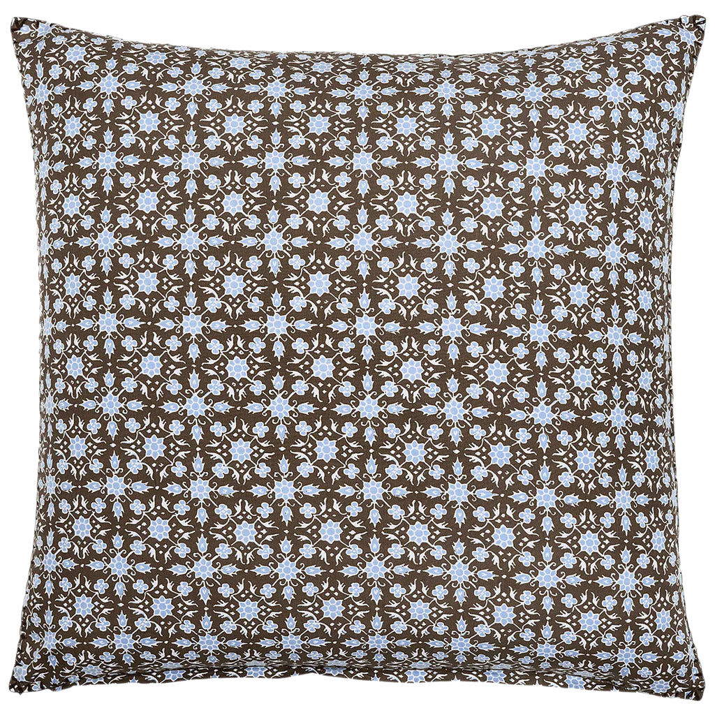 The John Robshaw Kaarik Coffee Euro Sham, by John Robshaw, sports a square design with a brown and blue floral pattern, hand-stitched edging for an artisanal flair. Crafted from organic cotton, it combines elegance with sustainability.