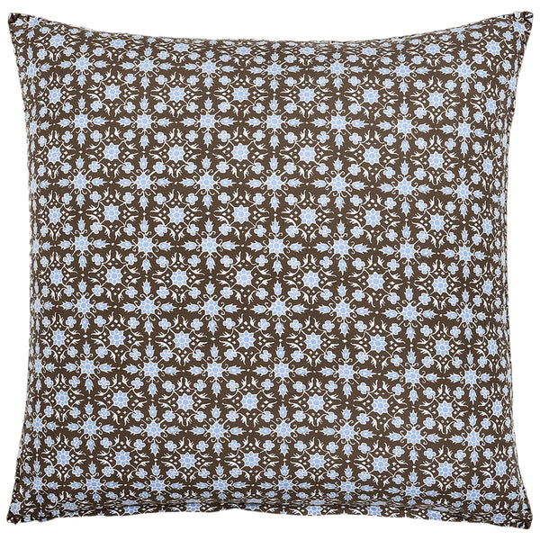 The John Robshaw Kaarik Coffee Euro Sham, by John Robshaw, sports a square design with a brown and blue floral pattern, hand-stitched edging for an artisanal flair. Crafted from organic cotton, it combines elegance with sustainability.