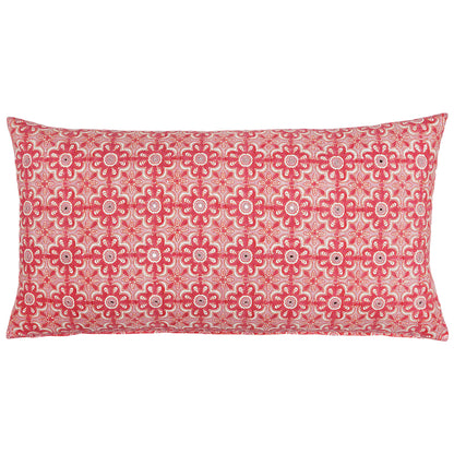 The John Robshaw Virat Bolster is a rectangular linen-cotton pillow, featuring a red and white floral grid pattern on the fabric.