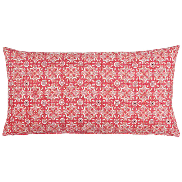 The John Robshaw Virat Bolster is a rectangular pillow featuring a red and white floral pattern, made from a luxurious linen-cotton blend.