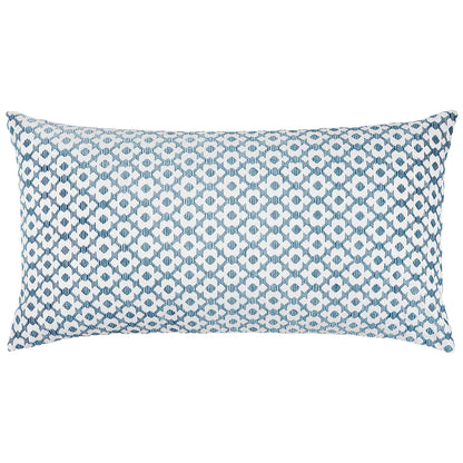 The Nalin Light Indigo Bolster by John Robshaw is a rectangular blue pillow with a white geometric pattern of repeating circular shapes, inspired by woven ikats.