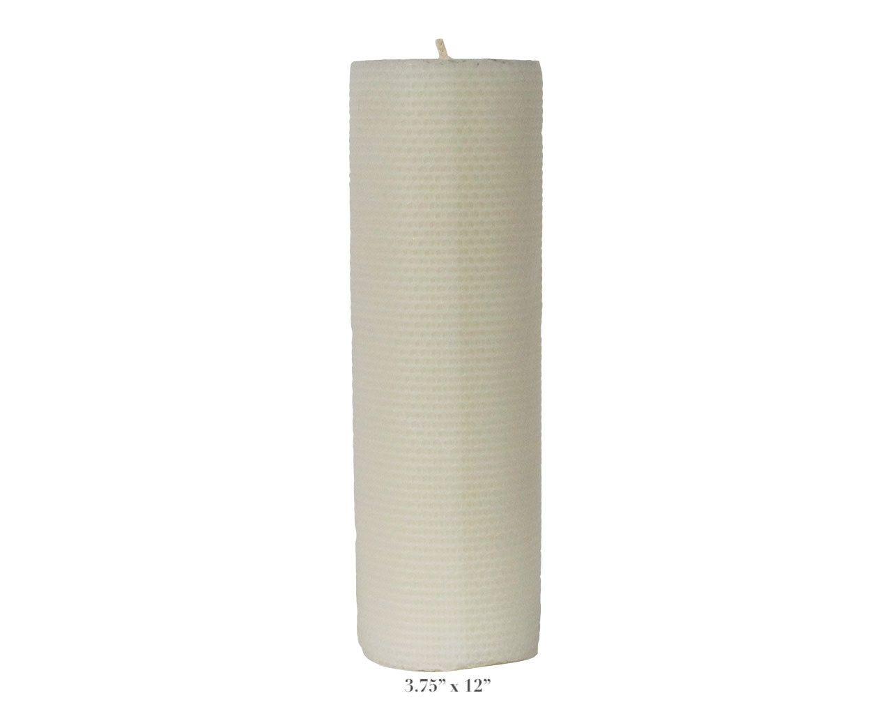 The Perin Mowen Connoisseur Pillar Candle Collection features a tall, white, textured cylindrical candle (3.75" diameter, 12" height), ideal as a natural centerpiece for any setting.