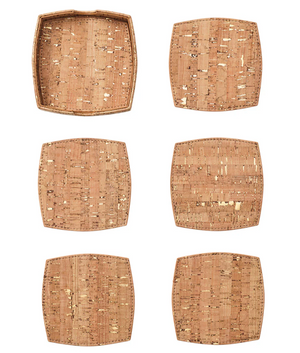 The Kim Seybert Whistler Coaster Set with Caddy includes six cork coasters—one with raised tray-like edges and five flat, heat-resistant coasters—arranged neatly in two columns.